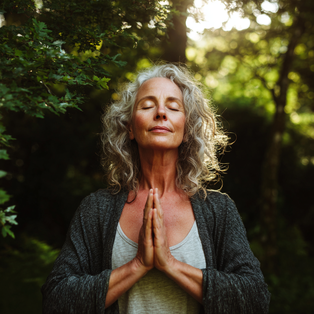 Mature woman in peaceful yoga pose outdoors surrounded by nature
